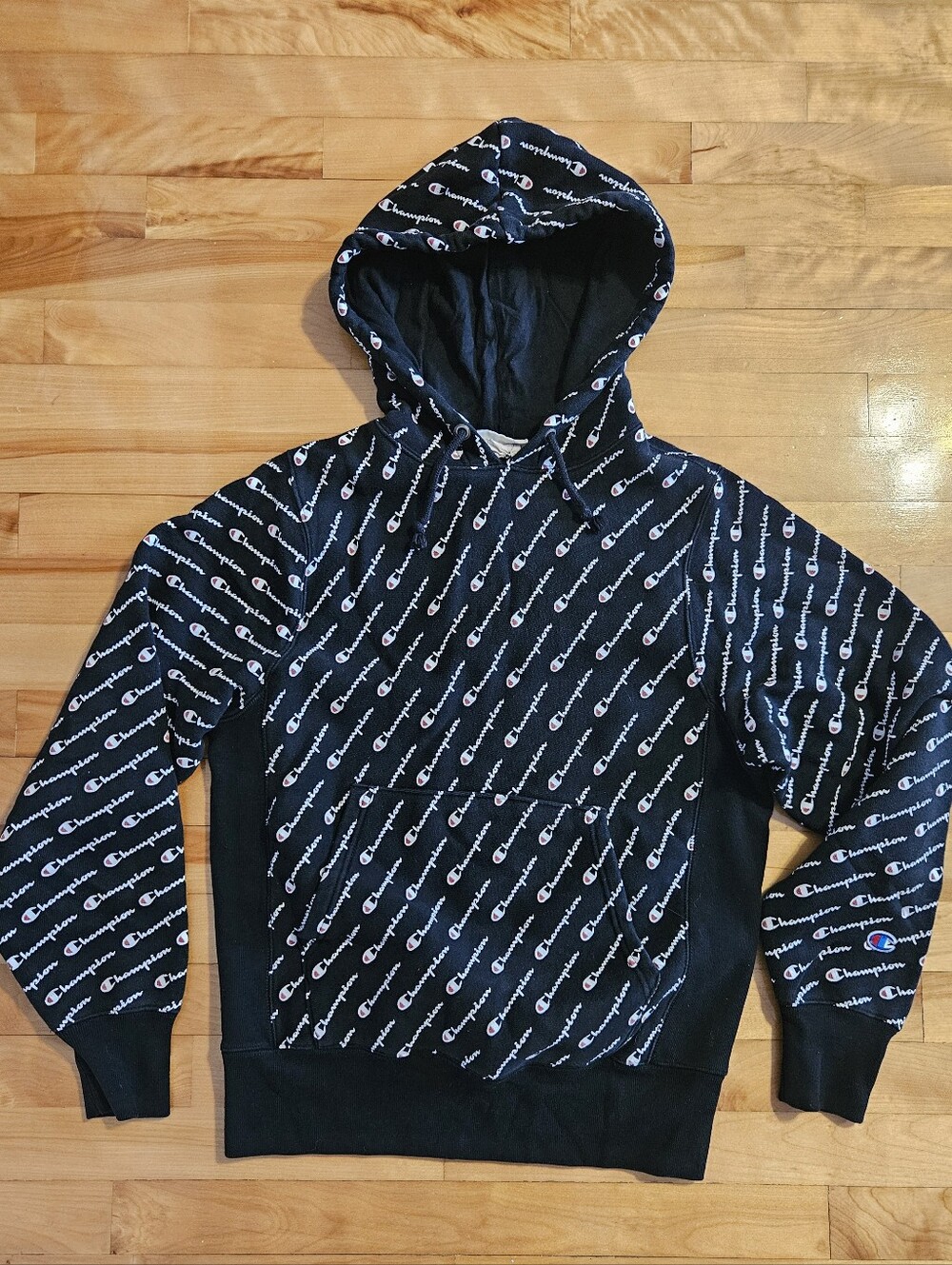 Champion Y2K Style Reverse Weave All-Over Print Branded Hoodie Sweatshirt Size S